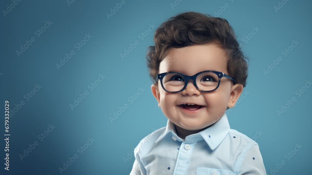 Joyful little boy laughing with big glasses, smart casual style on turquoise background. Child's bright expression of happiness, excitement, and fun, enjoying childhood moments in fashionable attire Joyful little boy laughing with big glasses, smart casual style on turquoise background. Child's bright expression of happiness, excitement, and fun, enjoying childhood moments in fashionable attire