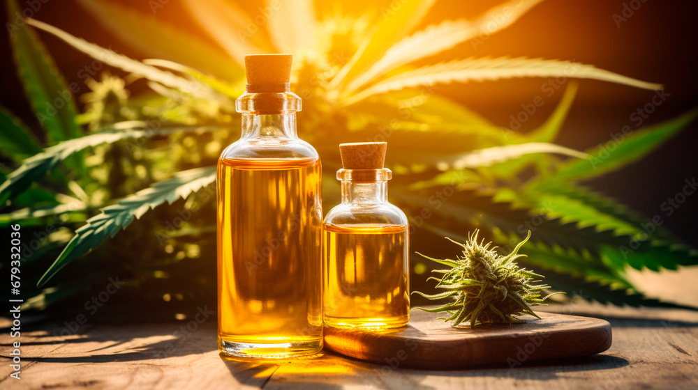 Hemp essential oil in a bottle. Generative AI, Hemp essential oil in a bottle. Generative AI,