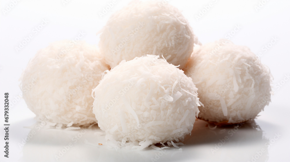 Coconut balls dessert with coconut flakes. Generative AI,