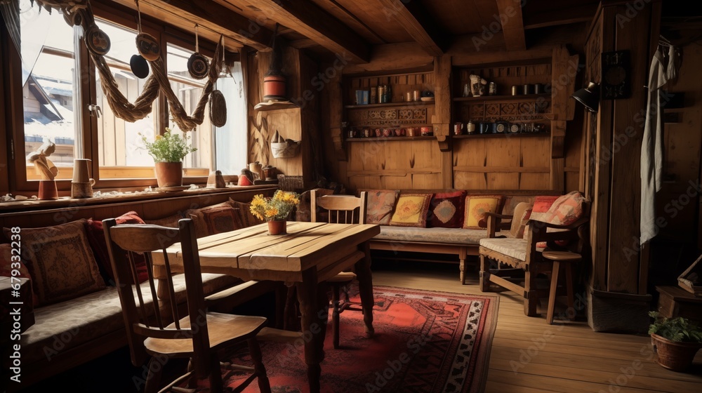 Interior of a Cozy Wooden Guesthouse Nestled in the Serenity of Nature, Blending Rustic Charm with Modern Comforts Interior of a Cozy Wooden Guesthouse Nestled in the Serenity of Nature, Blending Rustic Charm with Modern Comforts