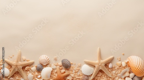 seashells, stones and starfish on the sand with space for text.