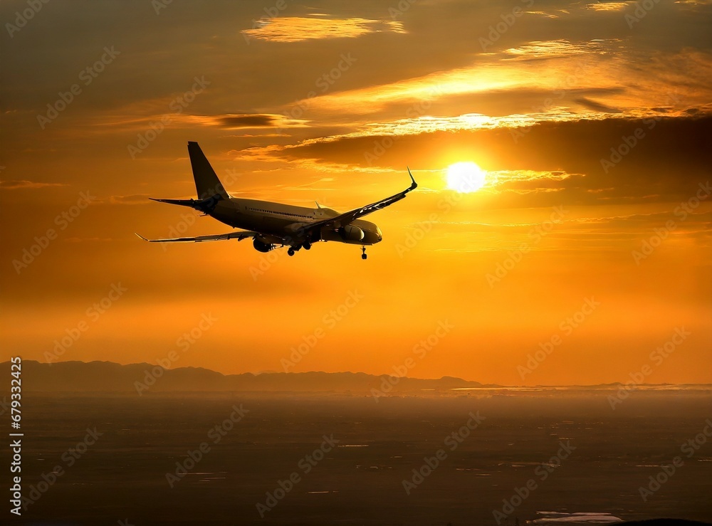 Fototapeta premium Airplane fly on the sky at sunset, travel concept
