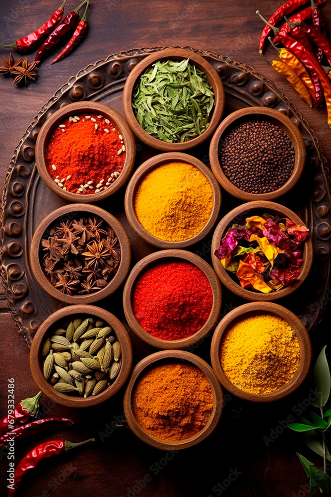 Tray with different spices. Generative AI,
