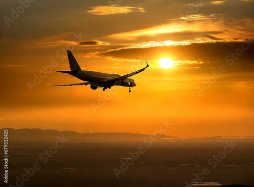 Airplane fly on the sky at sunset, travel concept