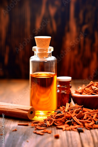 sandalwood essential oil in a bottle. Generative AI 
