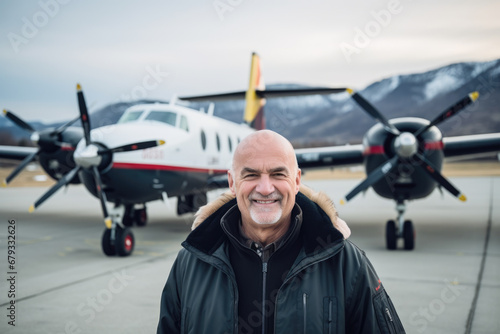 The bald pilot is smiling in front of his airplane.