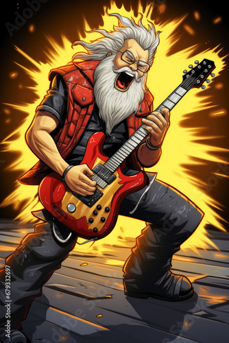 A cartoon santa claus with beard and hair playing an electric guitar. © PixelGallery