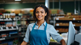 Portrait of smiling female cashier at the supermarket checkout. ai generative