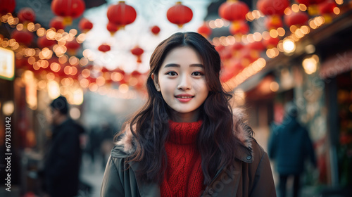 Portrait of young Asian woman celebrating Chinese New Year, Shanghai, China. ai generative