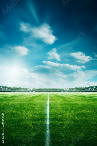 Football field with green grass. Generative AI, © yanadjan