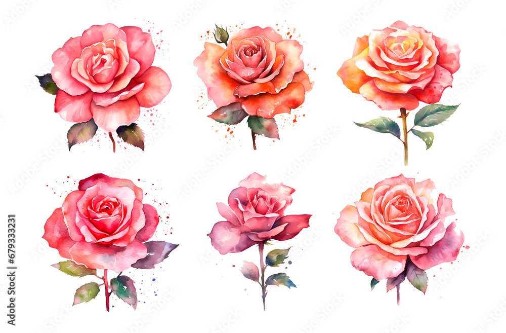 Watercolor illustration roses flowers isolated blossom