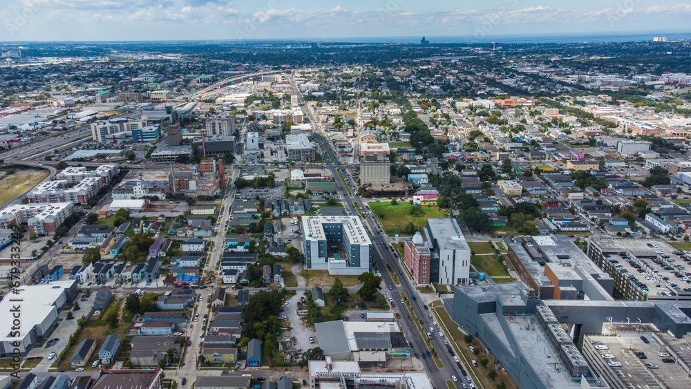 Obraz premium Aerial view of the city of new orleans near the new orleans saints stadium. Photo made in New Orleans, LA, USA in 20 Oct 2023