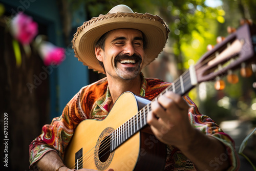 portrait Cheerful musician with sombrero plays acoustic guitar outdoors. ai generative