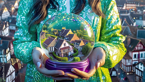 Hands holing up Snow Globe with Alsace village inside