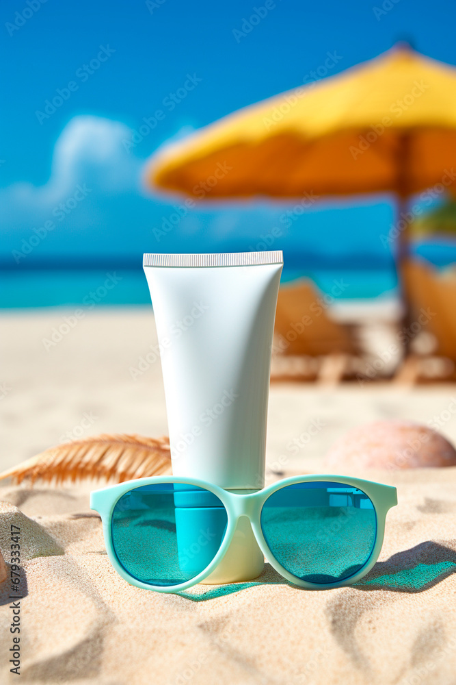 Suntan lotion and sunglasses on the beach. Generative AI,