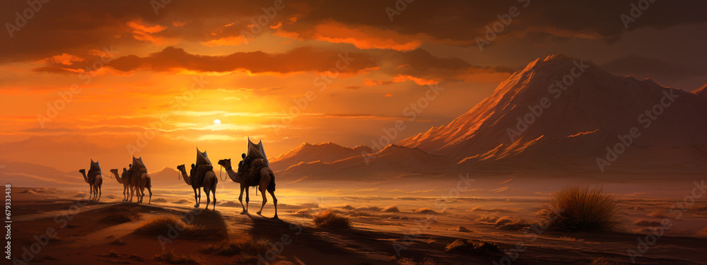 Camel caravan at sunset in the desert. Generative AI, - obrazy, fototapety, plakaty 