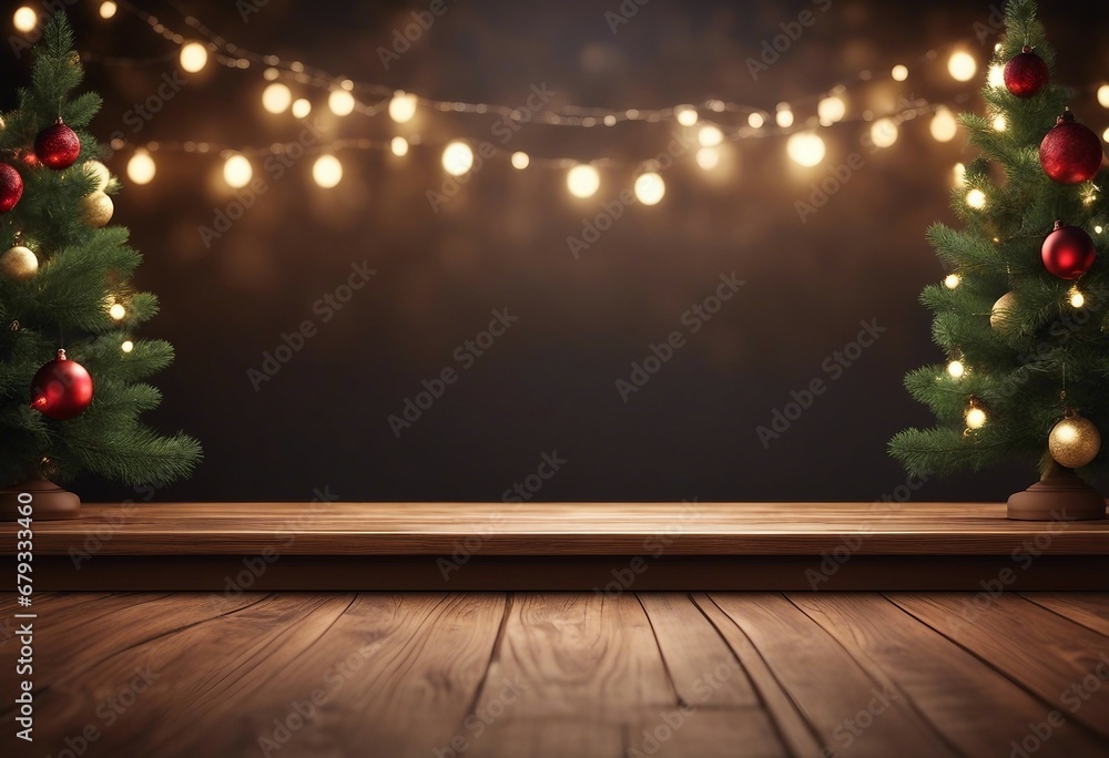 Empty Wooden Table or Podium with Christmas Trees and Hanging Lights: Festive Holiday Background with Copy Space