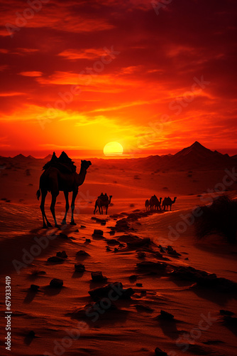 Camel caravan at sunset in the desert. Generative AI, © yanadjan