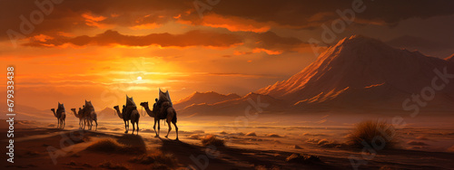 Camel caravan at sunset in the desert. Generative AI, photo