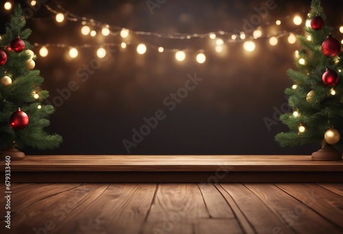 Empty Wooden Table or Podium with Christmas Trees and Hanging Lights  Festive Holiday Background with Copy Space