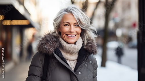 urban winter style: Portrait of a smiling middle-aged woman in stylish winter attire. Best image secures stocks in a leading winter fashion and lifestyle brand!