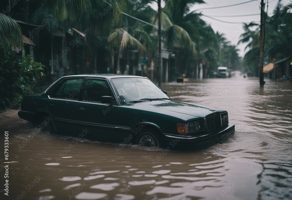Flooded Streets on Tropical Island After Hurricane: Extreme Weather and Climate Change Impact, Car Stuck in Water Flooded Streets on Tropical Island After Hurricane: Extreme Weather and Climate Change Impact, Car Stuck in Water