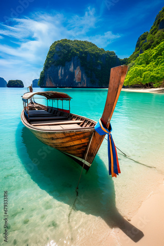 Traditional wooden longtail boat of Thailand on the beach of the island. Generative AI, © yanadjan