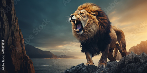 Lion roaring on the cliff. ai generative