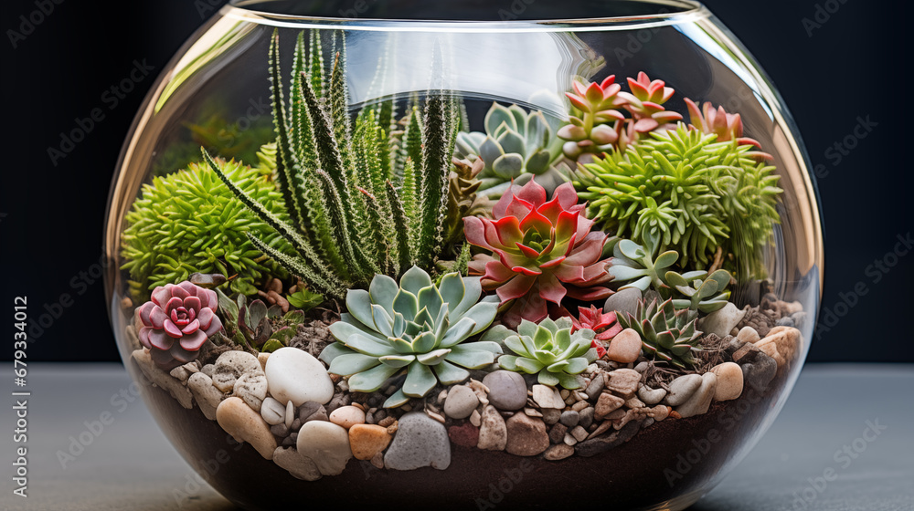 A glass bowl filled with plants and rocks A glass bowl filled with plants and rocks