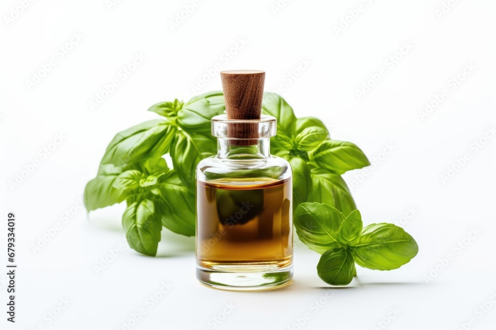 A bottle of basil oil next to a sprig of basil. Glass bottle on white table. A bottle of basil oil next to a sprig of basil. Glass bottle on white table.