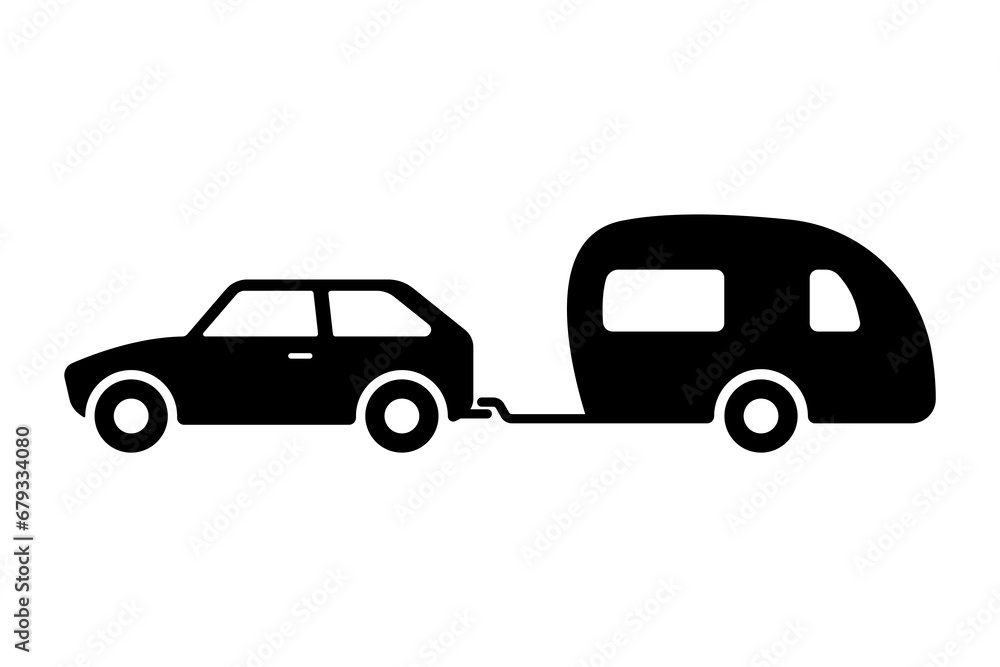 Car with camper trailer icon. Caravan, motorhome. Black silhouette. Side view. Vector simple flat graphic illustration. Isolated object on a white background. Isolate.