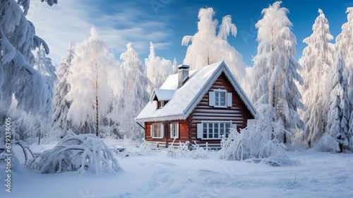 Winter cottage in beautiful snow forest, nature landscape © thesweetsheep