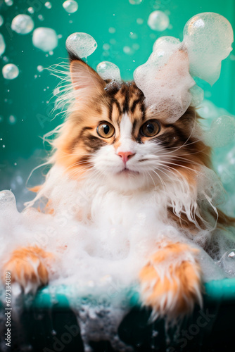 Wet cat in a foam bath. Generative AI, © yanadjan