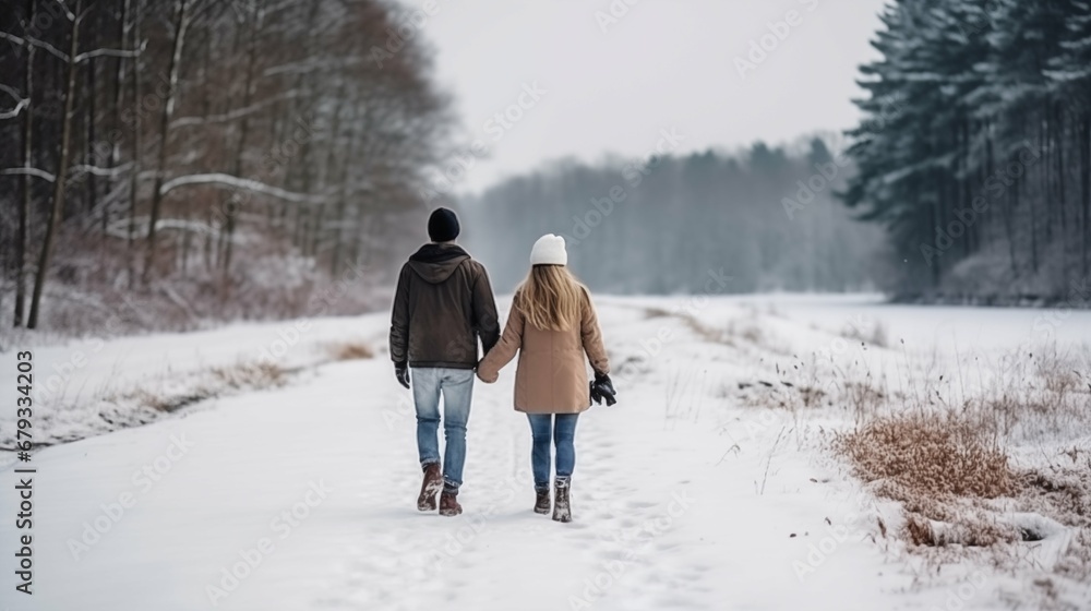 Couple winter adventure, man and woman walking together in snow landscape