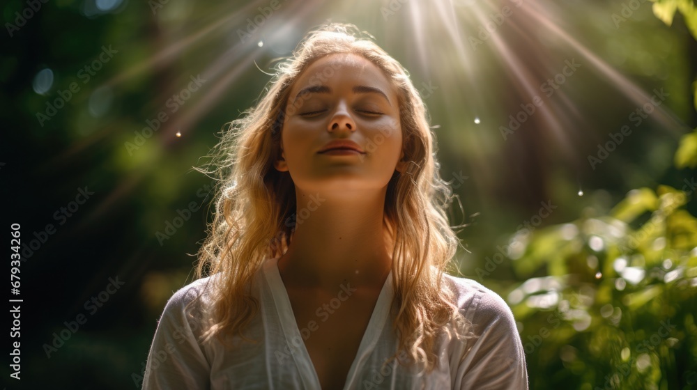 Mindfulness. Photo of a teenager in a peaceful garden, practicing mindful breathing, dressed in loose, comfortable clothing from the casual wear line. Mindfulness. Photo of a teenager in a peaceful garden, practicing mindful breathing, dressed in loose, comfortable clothing from the casual wear line.