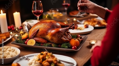 Roast Turkey Chicken Served on a Plate, Delight in the Gratitude-filled Atmosphere of Thanksgiving Celebration, christmas