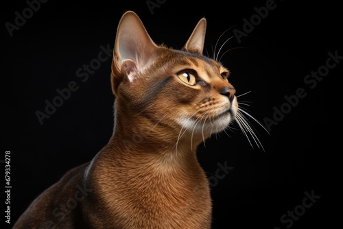 A close up of a cat on a black background. Abyssinian cat on dark background. © tilialucida