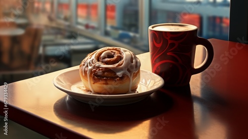 Cinnabon bun and mug of coffee on the table. photo