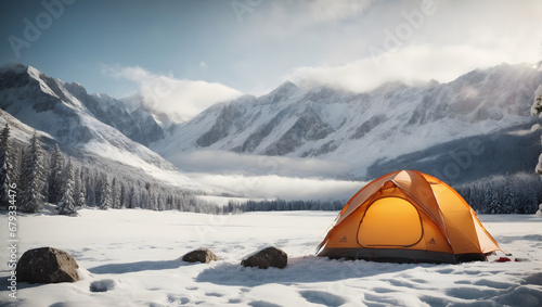 Winter Solitude: A Lone Tent Amidst Snowy Peaks