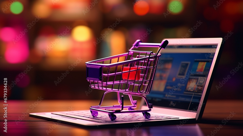 A laptop screen with a miniature shopping cart, illustrating online shopping
