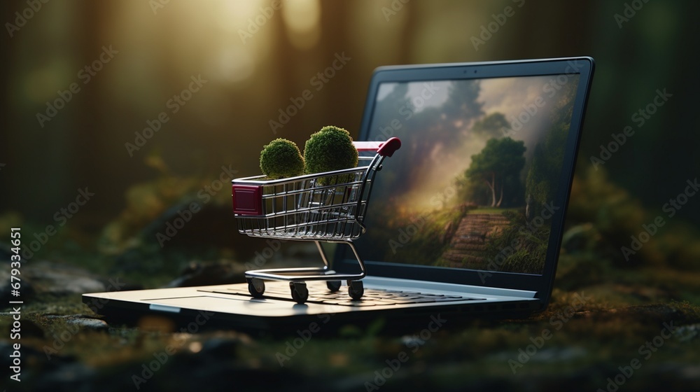 A laptop screen with a small shopping cart, online shopping