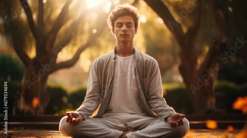 Mindfulness. Photo of a teenager in a peaceful garden  practicing mindful breathing  dressed in loose  comfortable clothing from the casual wear line.