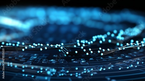 Blue-Glowing Network Paths on a High-Tech Circuit Board Visualizing Data Transmission