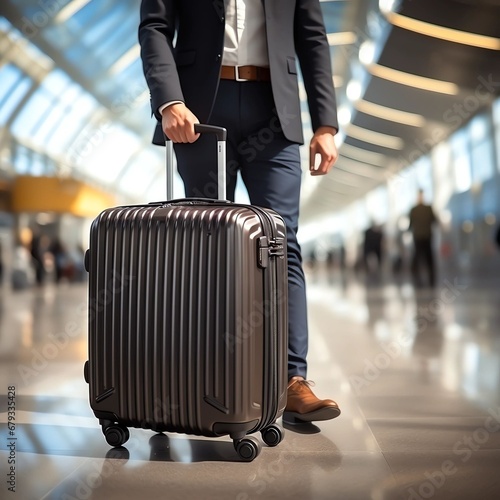person with luggage, Men a black suitcase in his hand on the handle , concept of Travelling