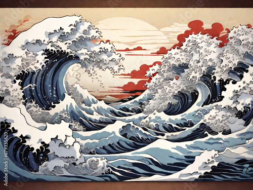 Japan swirl wave ocean painting illustration. tsunami drawing, Japanese asia and oriental traditional line art design.