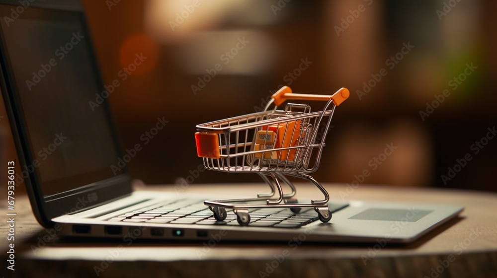 A miniature shopping cart placed next to a laptop, symbolizing online shopping