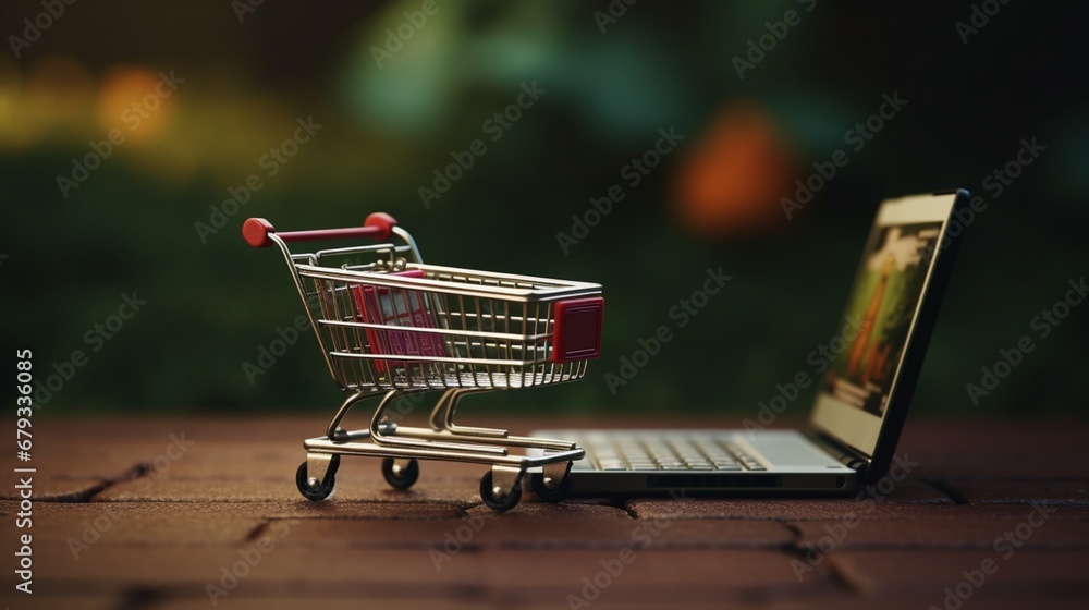 A miniature shopping cart placed next to a laptop, symbolizing online shopping