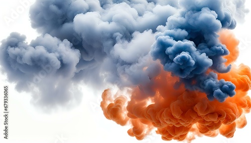 tangerine and indigo smoke cloud, isolated, white background, blue and orange smoke photo