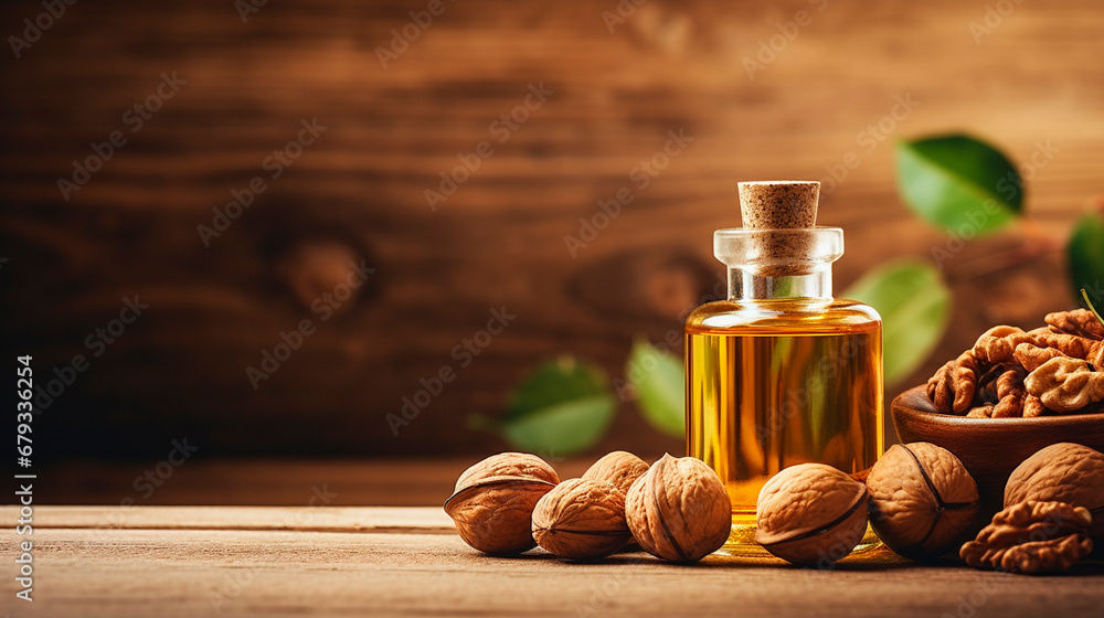Walnut essential oil in a bottle. Generative AI, Walnut essential oil in a bottle. Generative AI,