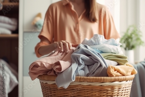 woman holding a basket of clothes with her hands to wash at home